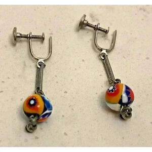 Screw Back Multicolor Millefiori Dangle Earrings 1 1/4-inch Silver Tone Handmade